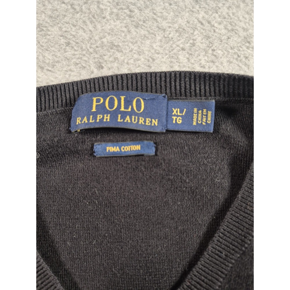 Polo Ralph Lauren Mens Black V Neck Pima Cotton Sweater XL Red Pony Logo - Picture 3 of 5